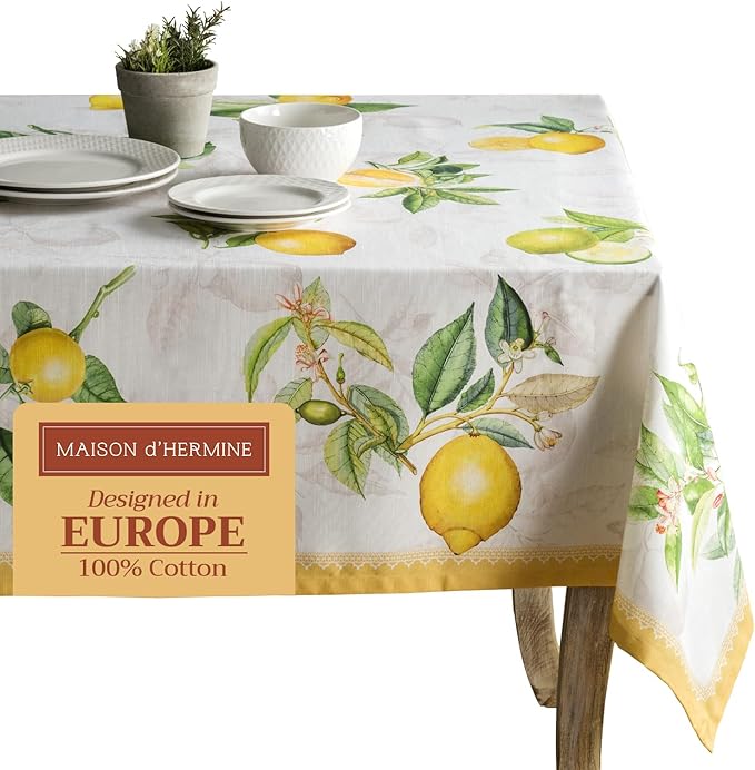 Maison d' Hermine Table Cloth Rectangle Table 100% Cotton 54 x 72 Inches Tablecloth Reusable Decorative for Dining Room Farmhouse Home Valentines Day Decorations Spring Summer - Limoncello