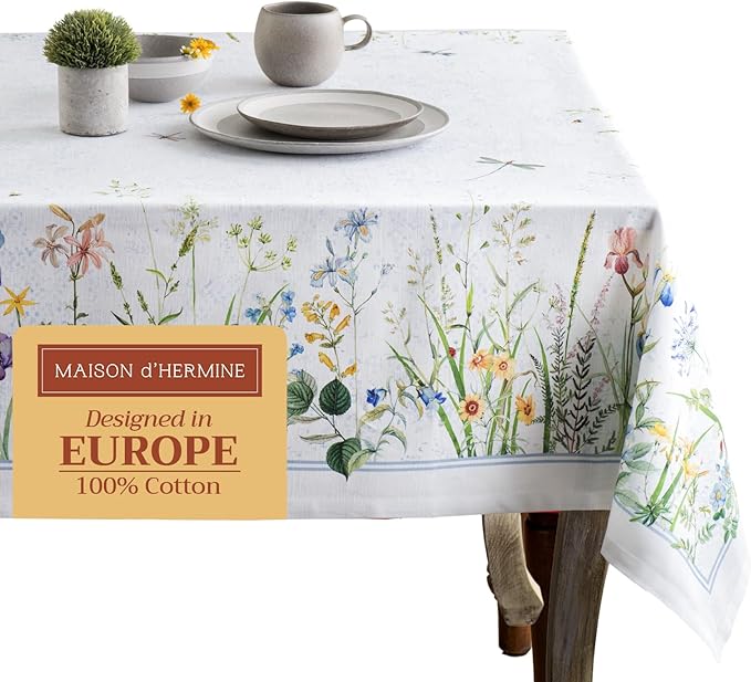 Maison d' Hermine Table Cloth Square Table 100% Cotton 54 x 54 Inches Tablecloth Reusable Decorative for Dining Room Farmhouse Home Valentines Day Decorations Spring Summer - Fleurs De Mai
