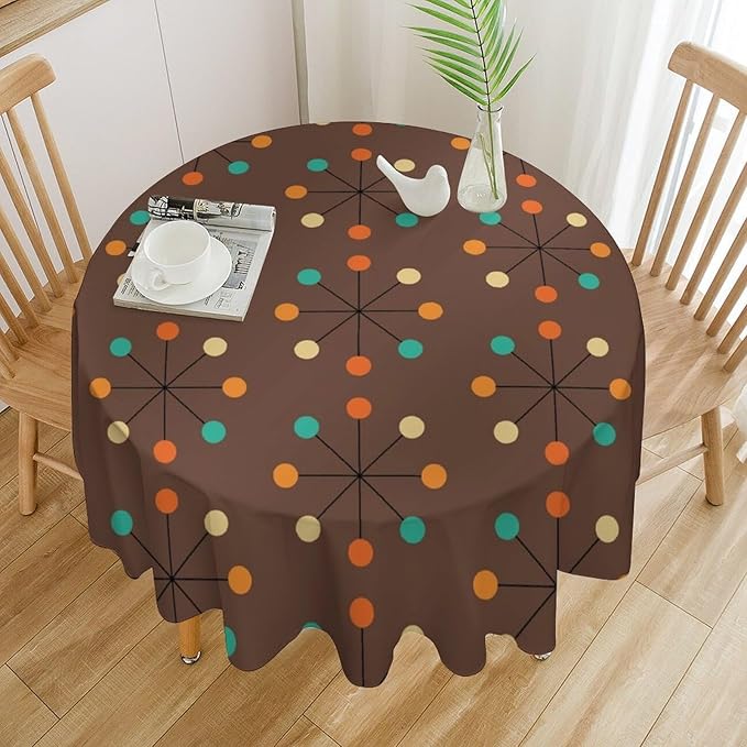 Mid Century Boho Round Tablecloth, 50s Mid Century Modern Geometric Pattern Tablecloth for Home Party Dining Room Kitchen Decor 60Inch(152cm)