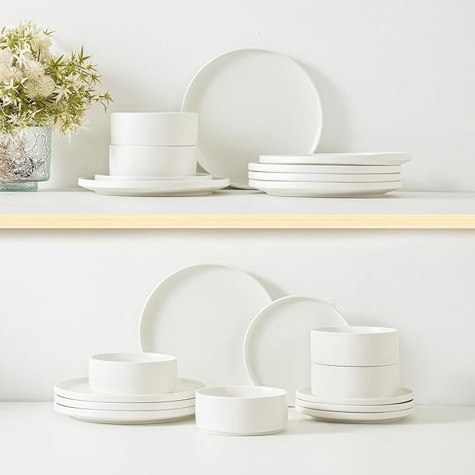 6 Piece Ceramic Dinnerware Set for 2, Modern Minimalist Stoneware Dinner Plates and Bowls, Microwave Safe, Dishwasher Safe, Versatile for All Seasons, Matte White