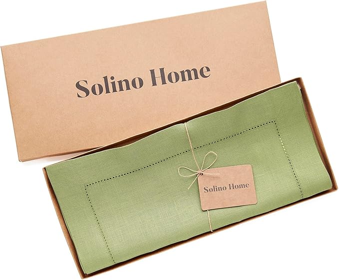 Solino Home Linen Moss Green Table Runner 90 Inches Long - 100% Pure Linen Hemstitch 14 x 90 Inch Table Runner for Dining, Winter, Spring, Easter, St Patricks Day - Classic Hemstitch