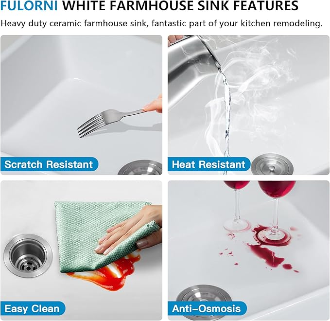 30"x18" White Farmhouse Kitchen Sink – Reversible Apron Front Fireclay Single Bowl Farm Sink, White Ceramic Porcelain Farmer Style Basin
