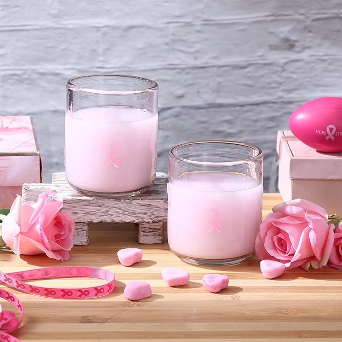 Icon Juice Glasses, 14oz Stemless Wine Drinking Juice Glass Cup for Valentine Party Supplies Gift(2 Pcs,Pink Cancer Ribbon)