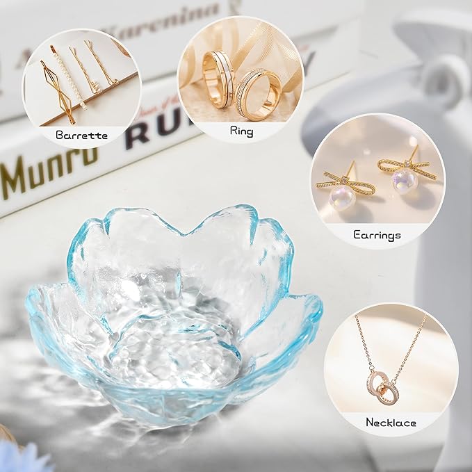 Cherry Blossom Glass Ring Holder Dish, Decorative Jewelry Trinket Rings Earrings Keys Storage Organizer Tray(Sky Blue)