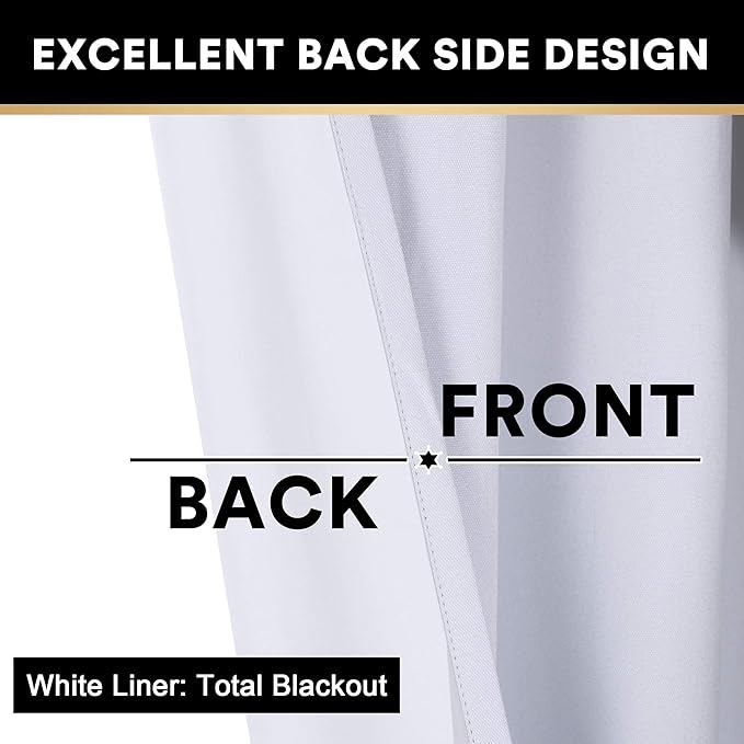 PrinceDeco 100% Blackout Linen Textured Curtains for Bedroom Grommet Room Darkening Curtains & Drapes Luxury Decor for Living Room Solid Thermal Insulated with White Liner,Pearl White，52 x 108 Inch
