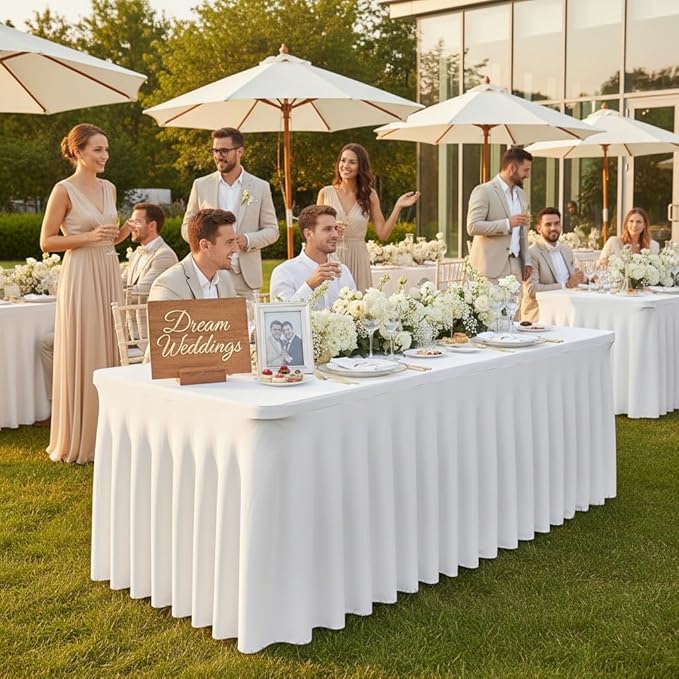6FT White Rectangle Tablecloth with Elastic Table Skirt – Wrinkle-Free Spandex Stretch Fitted Table Cover for Wedding Birthday Party Banquet Buffet Restaurant Event