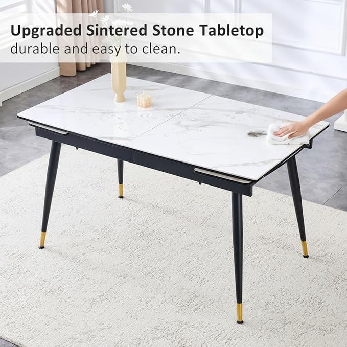 Extendable Dining Table Set for 6, 55'' to 78.8'' Rectangular Thickened Sintered Stone Kitchen Table with 6 Upholstered Chairs, Modern Space Saving 7-Piece Dinner Table Set