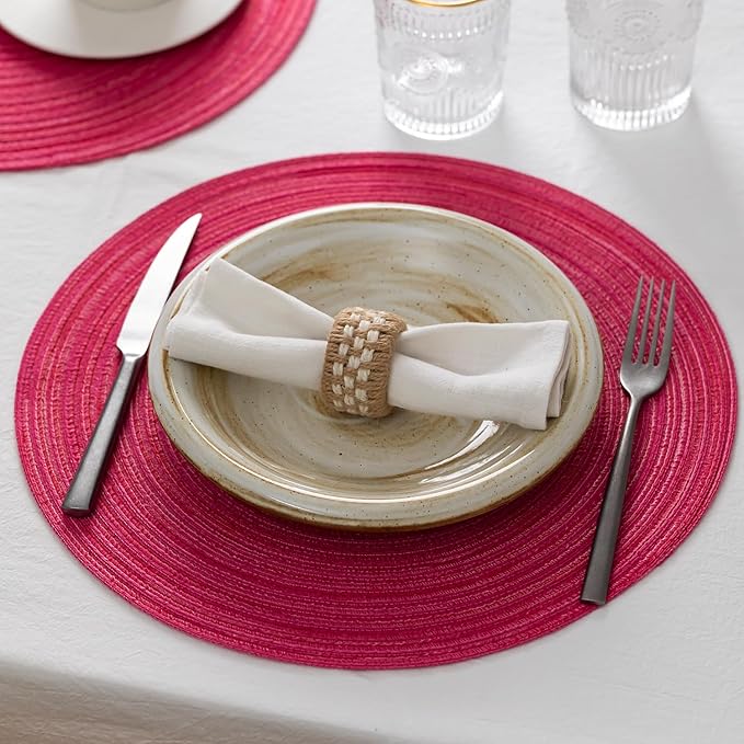 Round Placemats Set of 12 Woven Placemats Washable Braided Table Mats for Dining Table Heat Resistant Non-Slip Circle Place Mats(Pink)