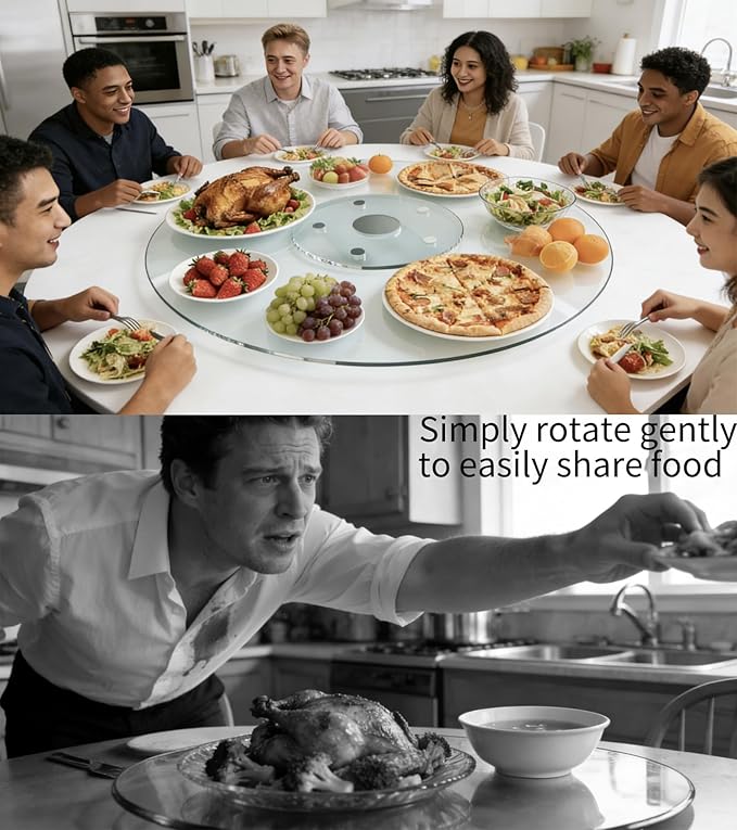 30" Glass Lazy Susan for Dining Table, Glass Turntable Table Centerpiece with 6 Rotating Wheels, 360° Smooth and Silent Spin Tabletop Rotating Tray, for Family Gatherings, Banquets, Weddings, 77 cm