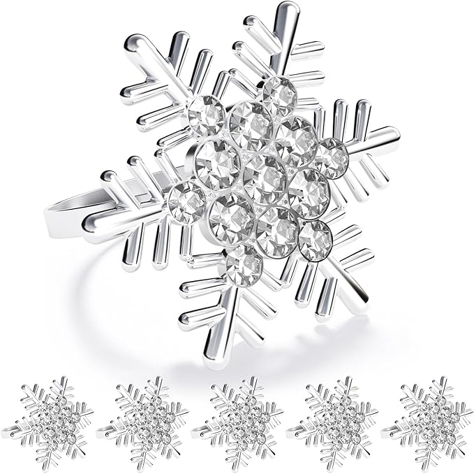 ZeeDix Christmas Silver Snowflake Napkin Rings Set of 6, Napkins Ring for Dinning Table - Rustic Dinner Tables Decoration for Wedding Receptions Christmas Thanksgiving Holiday Party Dinner Parties