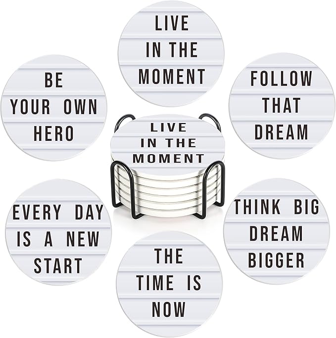 Coasters Set with Holder, 6 Pcs Motivation Quote Absorbent Ceramic Drink Pads, Non-Slip Table Protectors for Coffee & Glasses