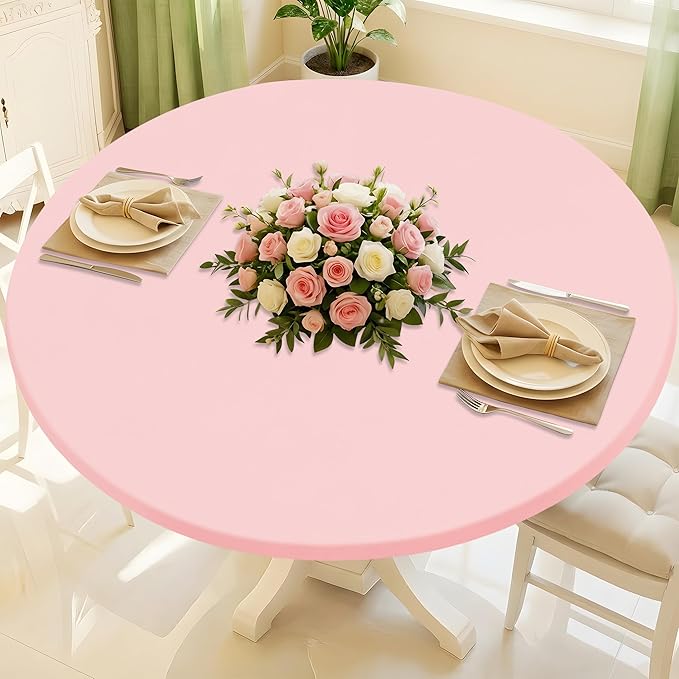 Round Spandex Valentines Day Tablecloth, Elastic Fitted Waterproof Tablecloths for 57"-68" Tables, Stretch Washable Picnic Table Cover for Camping, Dining, Indoor and Outdoor, Pink