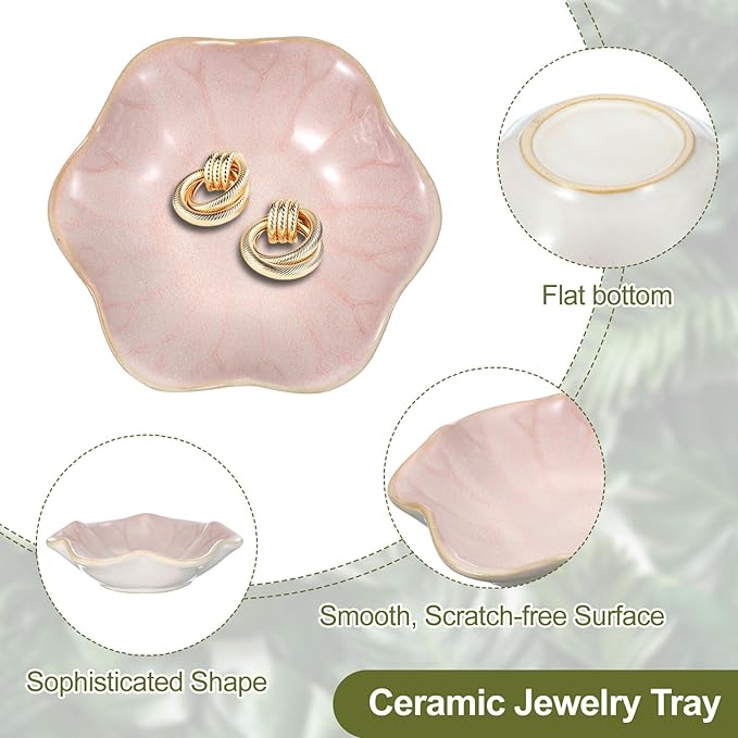 uxcell 2Pcs Ceramics Jewelry Plate, Lotus Leaf Shape Key Holder Bowl for Entryway Table Decor Small Ring Tray Dish Gift for Women Girlfriend, Pink