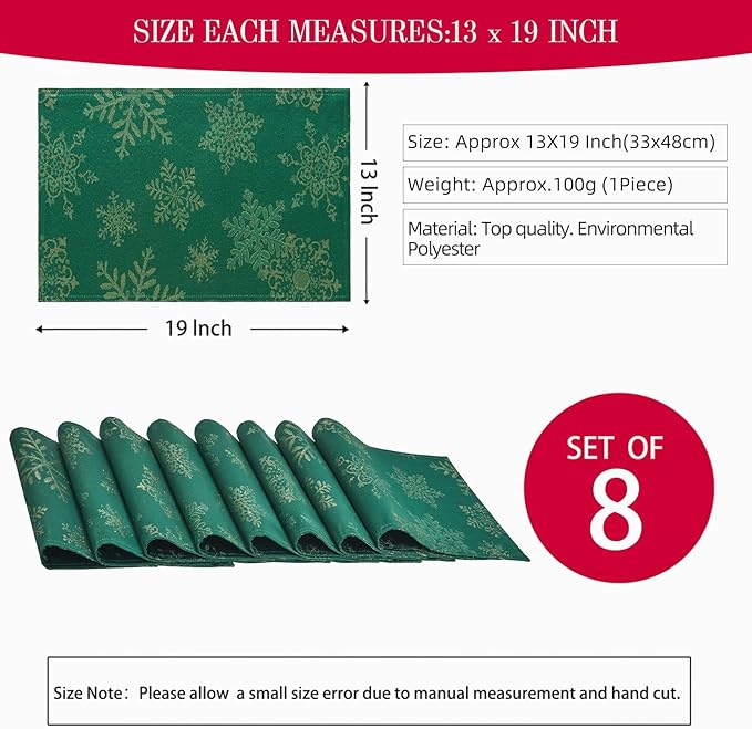 Cloth Place Mats Set of 8–Reusable Rectangular Waterproof Fabric Polyester Washable Wipeable Heat Resistant Jacquard Sparkling Metallic Snowflake for Kitchen Table(Hunter Gold/13x19 Inch)