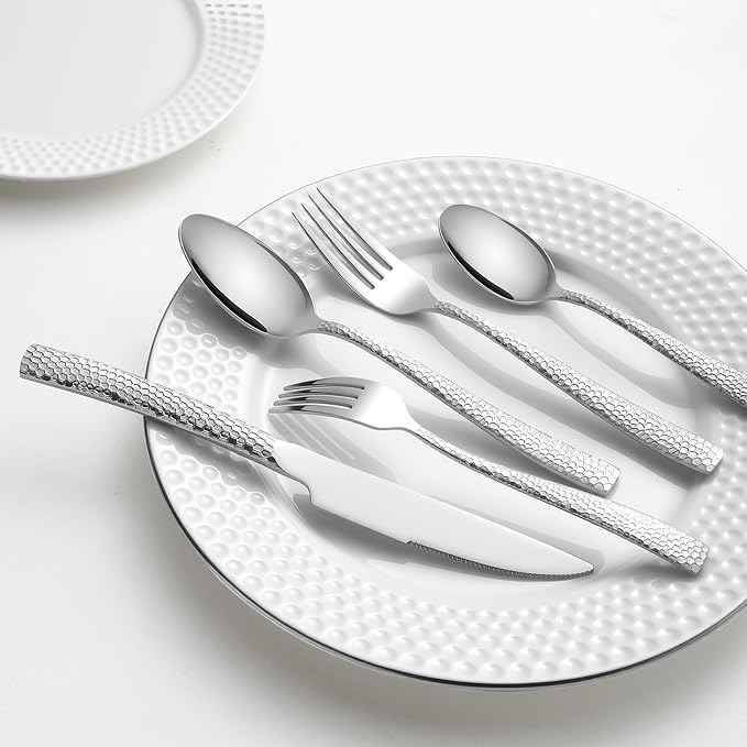 Hammered silverware set for 4 modern flatware set Heavy duty cutlery set 20piece Stainless Steel fork spoon knife set everyday kitchen, Mirror Finish Dishwasher Safe