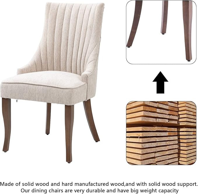 mikibama Linen Dining Chairs Set of 6 Channel Tufted Kitchen Dinner Chair Comfy Fabric Upholstered Accent Chair for Dining Room with Solid Wood Legs (Beige 6pc)