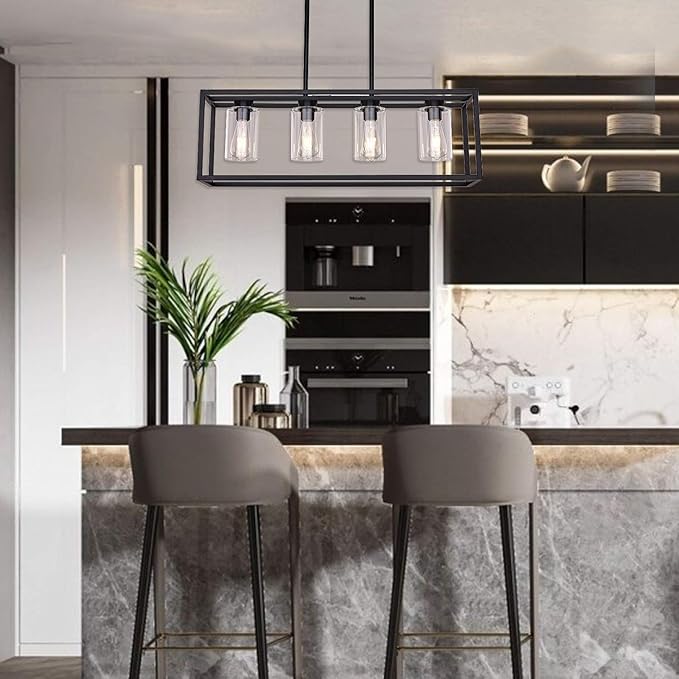 XILICON Black Dining Room Chandeliers Lighting Fixture Linear Pendant Modern 4-Light with Glass Shades Vintage Farmhouse Ceiling Light Hanging for Kitchen Island Cafe Bar