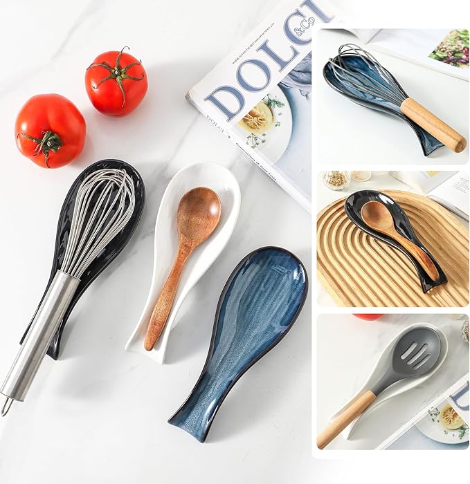 Ceramic Spoon Rest for Stove Top,Large 8.7 Inch Spoon Holder for Kitchen Counter,Porcelain Rest for Thankgiving and Christmas Gift,Dishwasher Safe and Heat-Resistant,White and Black(2 PC)