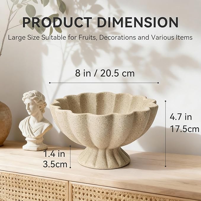 Pedestal Decorative Bowl Home Decor - Morden Handicraft Decorative Fruit Bowl for Kitchen Counter, Chic Ruffle Bowl Centerpiece Decor for Dining Table Coffee Table (Artificial Stone Beige)