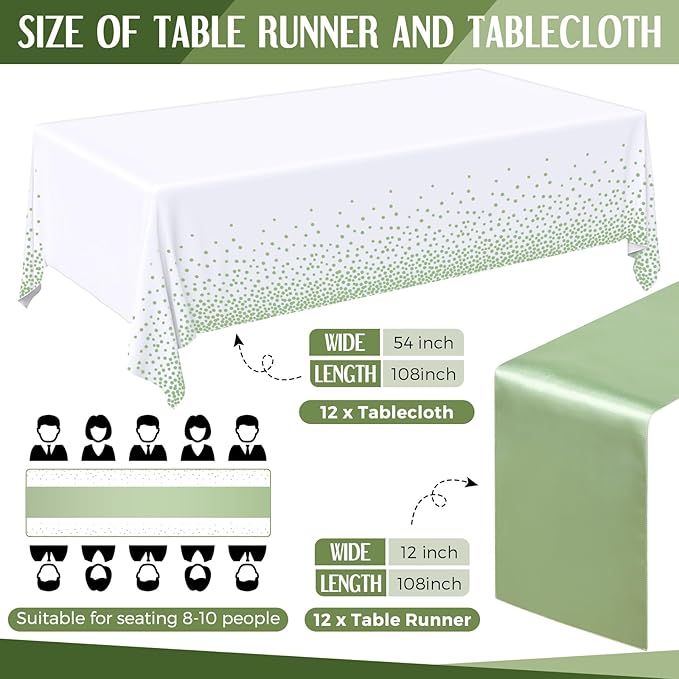 Breling 24 Pack White and Sage Green Disposable Plastic Tablecloths and Satin Table Runner Set, 54 x 108 Inch Tablecloth, 12 x 108 Inch Table Runners for Wedding Graduation Birthday Baby Shower
