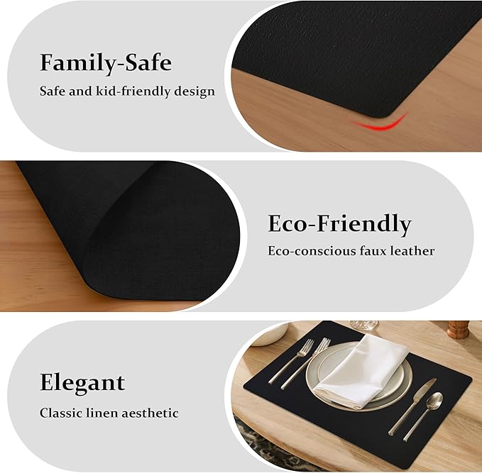 FROMHEART Faux Leather Placemats Set of 4–Waterproof,Heat/Oil Stain-Resistant PU Table Mat–Reversible,Non-Slip,Easy to Clean Place Mats for Kitchen,Dining,Indoor/Outdoor,(Black,11.8" x 17")