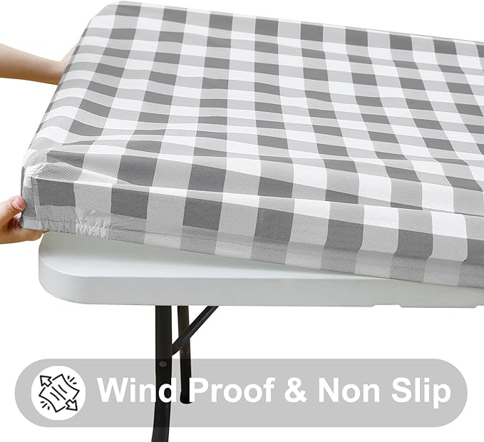 Smiry Rectangle Picnic Table Cloth, Elastic Waterproof Fitted Vinyl Tablecloths, Flannel Backed Buffalo Plaid Table Covers for Dining, Camping, Outdoor (White and Grey, 30" x 60")