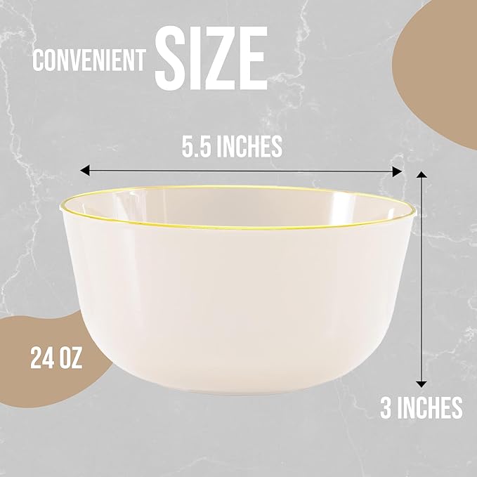 Trendables Disposable Bowls - Ivory Gold Rimmed Fancy Serving Bowls - Perfect for Ice Cream & Candy, Set of 20, 24 oz Each