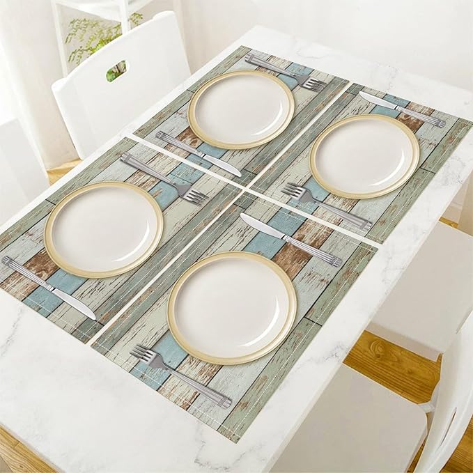 Rustic Plank Placemat Set, Vintage Old Shabby Colorful Beige Green Blue Farmhouse Barn Wooden Board Pattern Home Decor Linen Table Mats for Dining Room Kitchen Party (17x12in) x6P