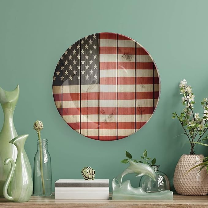 Decorative Plates, American Flag Decor Print Ornament, USA Flag Over Vertical Striped Wooden Board, 7 Inch, 1 Plate with 1 Display Stand, Blue Red