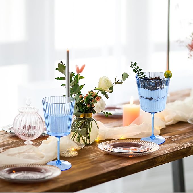 24 PCS Blue Ribbed Plastic Wine Glasses 13.5 OZ Ribbed Wine Glasses Detachable Wine Glass Elegant Fluted Glassware Vintage Style for Wedding Anniversary Birthday Dinner Parties(Blue, 24 Pack)