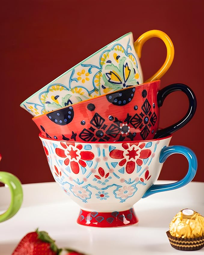 25oz Ceramic Soup Bowl with Handle – Handcrafted Floral Pottery Cereal & Ramen Bowl – Large Microwave & Dishwasher Safe Decorative Bowl for Everyday Use or Gift (Sunset Fiesta, 17oz)