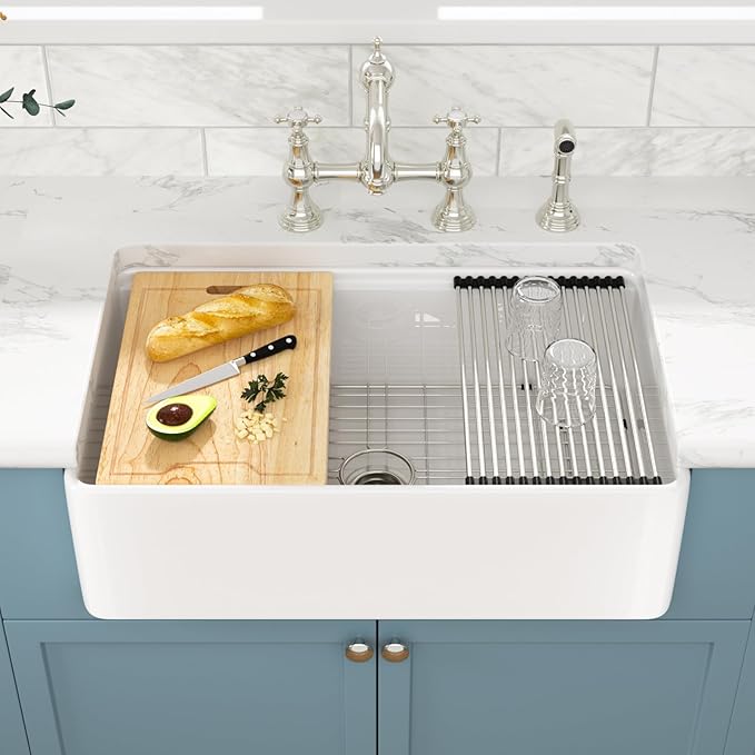 Sarlai 30 White Farmhouse Kitchen Sink - 30x20 Inch Farm Kitchen Sink Ledge Workstation White Ceramic Porcelain Fireclay Farmer Sinks 10" Inch Deep Single Bowl Basin with Assesories