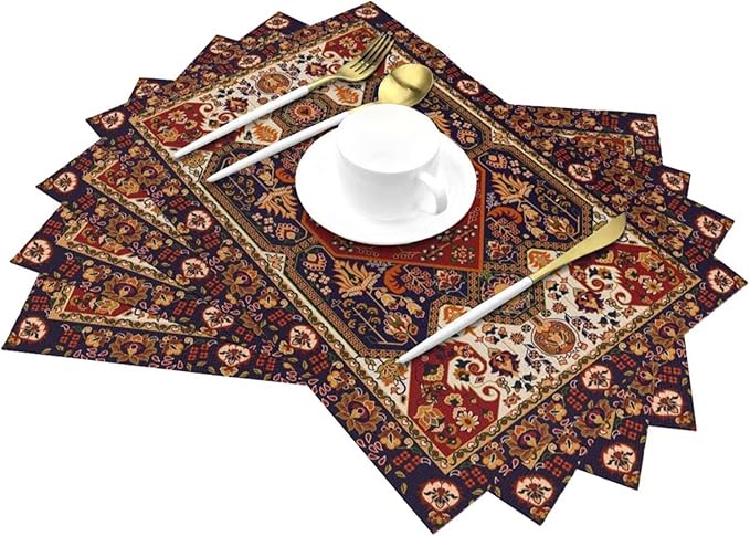 Persian Design Placemats Set of 6 Tribal Texture Boho Persian Rust Wipeable Table Mats Reusable Washable PVC Rectangle Place Mats for Kitchen Dining Home Decor 12x18 Inches