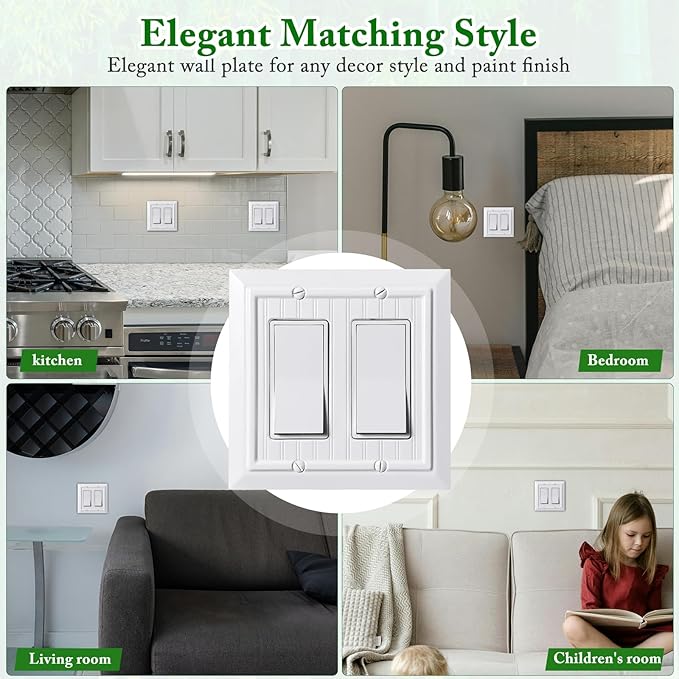 Beadboard Outlet Covers Wall Plates, Bamboo Fiber Light Switch Covers, Natural Material Electric Receptacle Decorative Switch Plate Outlet Cover (Pure White, 2 Gang Decorator 2 Pack)