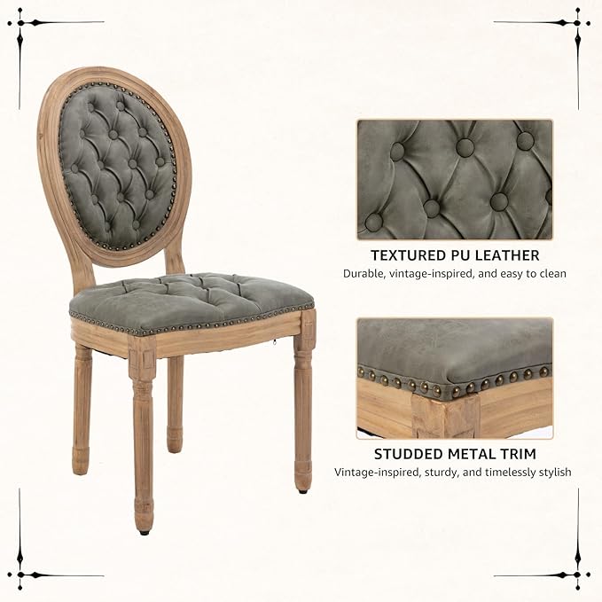 Vintage French Dining Chairs Set of 6, Round Back PU Leather Upholstered Side Chairs with Nailhead Trim and Solid Wood Frame, Sillas de Comedor for Dining Room & Kitchen, Olive Green