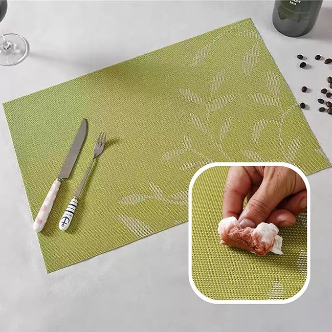 Leaf Placemats Set of 8 Non-Slip Heat-Resistant Vinyl Washable Place Mats for Kitchen Table Indoor Outdoor Durable (18"x12", Green)