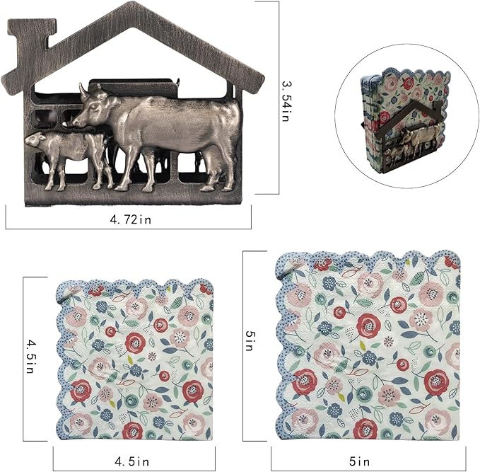Metal Napkin Holder for Tabletop, Rustic Farmhouse Cow & Calf Napkins Holder for Paper Napkins, Vintage Metal Tissue Napkin Dispenser, Napkin Table Decor for Kitchen (Cow and Calf/Black)