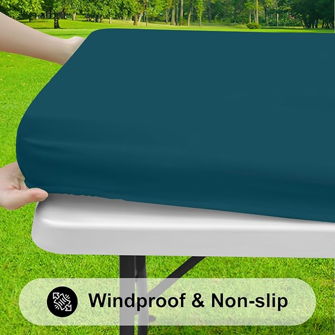 Smiry Rectangle Tablecloth, Elastic Fitted Flannel Backed Vinyl Tablecloths for 8ft Folding Tables, Waterproof Wipeable Table Covers for Indoor, Outdoor, Camping and Picnic (Peacock Blue, 30"x96")