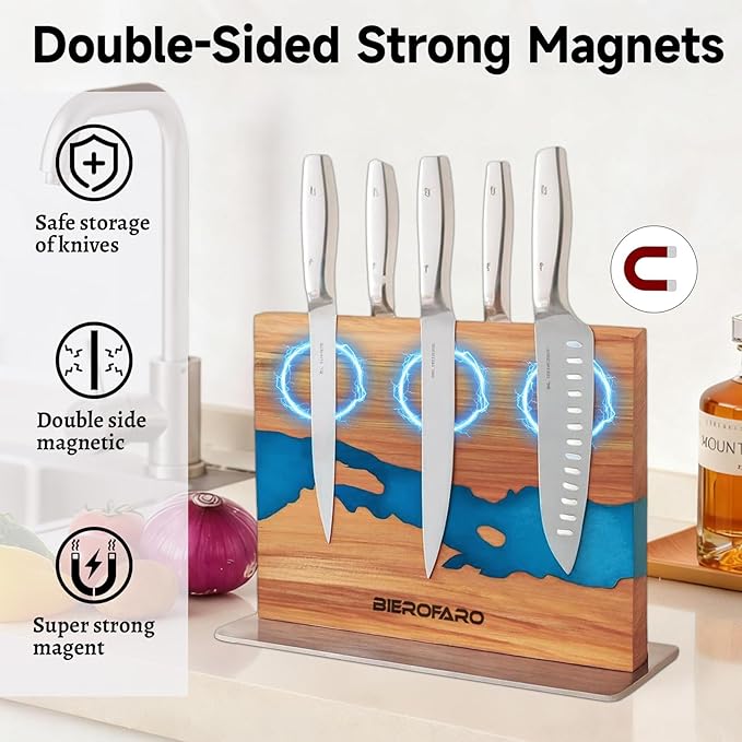 Resin River Magnetic Knife Block with Steel Base, Double-Sided Acacia Wood Knife Holder for Chef Knives, Modern Kitchen Organizer