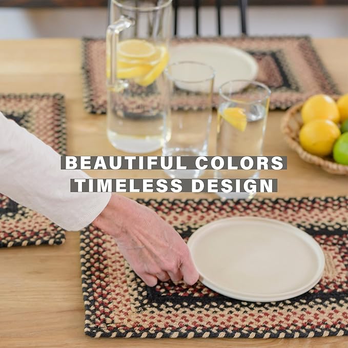 Homespice Primitive Star Gloucester Jute Braided Dinner Table Runner, Warm Primitive Decor, Set of 2, Black and Red Rectangle 8x28 - Rich Colors, Easy to Clean, Durable and Protects Furniture