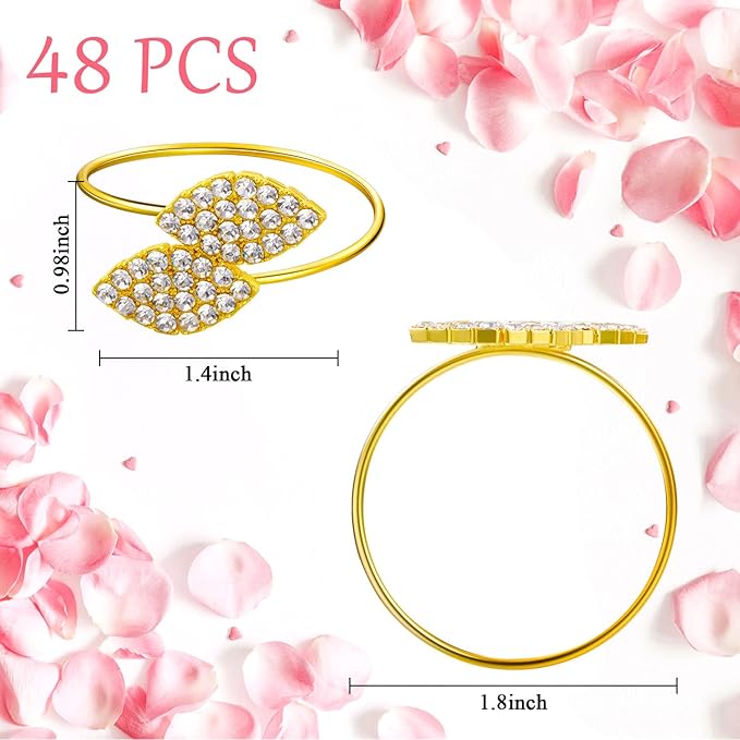 Hotop 72 Pcs Valentine's Day Napkin Rings Gold Table Decorations, Elegant Bling Leaves Napkin Rings, Rhinestone Guest Towels Buckle for Holiday Gather Party, Wedding Dinner Banquet Table Decoration