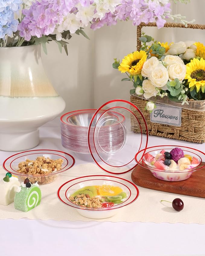 BESTSTAR 100 Pack clear Plastic Bowls with Red Rim, 12oz Disposable Soup Bowls, Heavy Duty Dessert Bowls for Christmas, Parties, Dinners, Catering, Thanksgiving