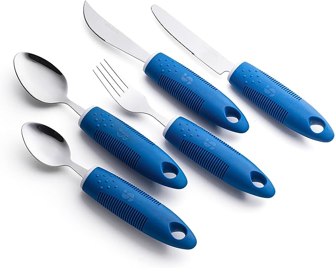 Special Supplies Adaptive Utensils (5-Piece Kitchen Set) Wide, Non-Weighted, Non-Slip Handles for Hand Tremors, Arthritis, Parkinson’s or Elderly Use - Stainless Steel Knives, Fork, Spoons - Blue