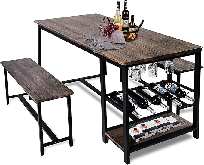 3 Piece Rustic Brown Rectangular Dining Table Set with Bench, 55''L x 25.2''W, Mid Century Modern Dining Set for Small Spaces, Compact with Storage Shelf Rack, Wine Rack