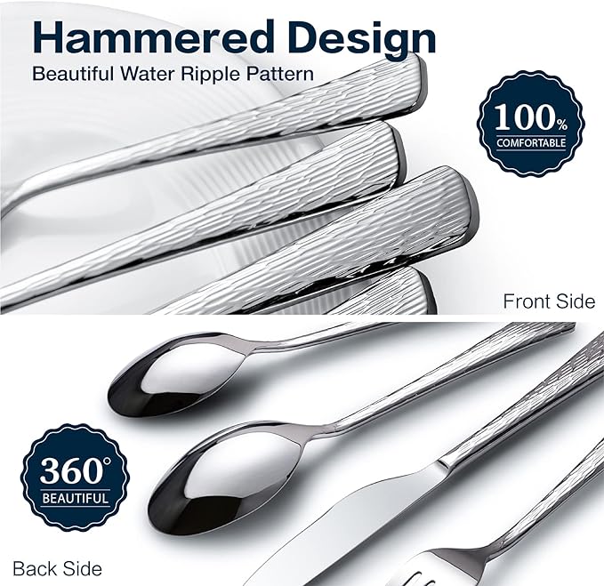 KINGSTONE Hammered Silverware Set, 60-Piece Flatware Set, 18/10 Stainless Steel Premium Cutlery with Unique Ripple Handles Design Mirror Polished - Dishwasher Safe