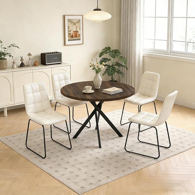 44" Round Dining Table with Cozy Chair Set for 4, Modern Mid-Century Dining Table Set of 4, Dinette Sets with Metal Leg for Kitchen Dining Room Apartment(Walnut Table + Beige Chairs)