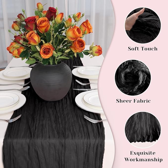 Black Table Runner, 10 Ft 120 in Halloween Table Runner, Rustic Cheesecloth Table Runners for Wedding, Party, Bridal Shower