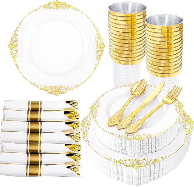 Hioasis 210pcs White and Gold Plates - White Party Plates for 30 Guest, Include 60 Heavy-duty Plates(20% Thicker Than Standard), 30 Pre Rolled Gold Plastic Silverware Set, 30 Cups