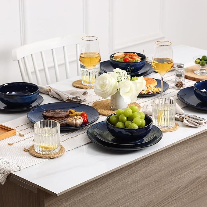 vicrays Ceramic Round Plates Set of 6 - Porcelain 10 inch Dinner Plates for Salad Dessert Appetizer Bread - Microwave Oven and Dishwasher Safe - Blue