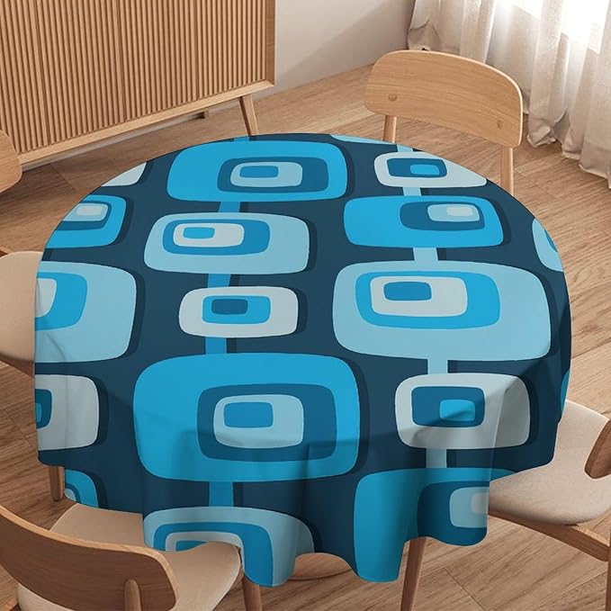 Mid Century Boho Round Tablecloth, Blue Mid Century Modern Art Abstract Geometric Pattern Retro Vintage Style Tablecloth for Home Party Dining Room Kitchen Decor 70Inch(178cm)